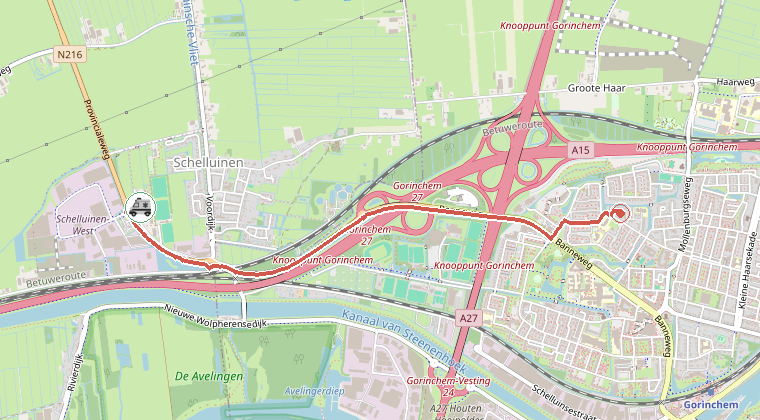 Kaart van de omgeving van de melding, met de kazerne die is gealarmeerd