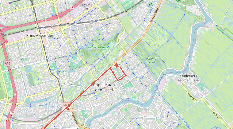 Kaart van de omgeving van de melding, met de kazerne die is gealarmeerd