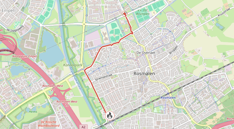 Kaart van de omgeving van de melding, met de kazerne die is gealarmeerd