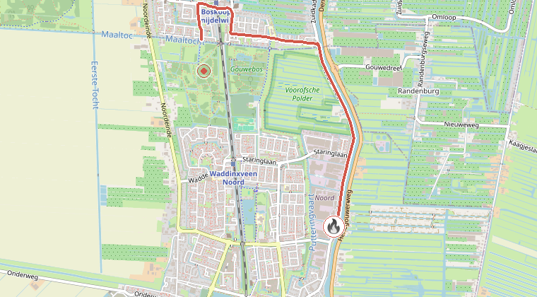 Kaart van de omgeving van de melding, met de kazerne die is gealarmeerd