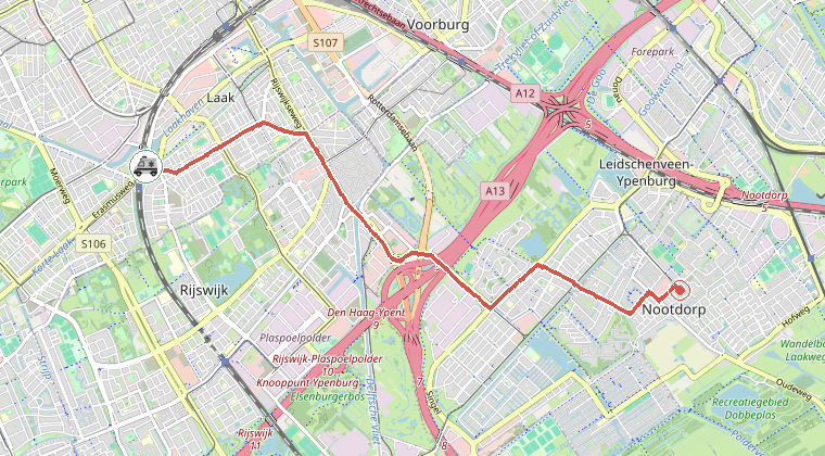 Kaart van de omgeving van de melding, met de kazerne die is gealarmeerd