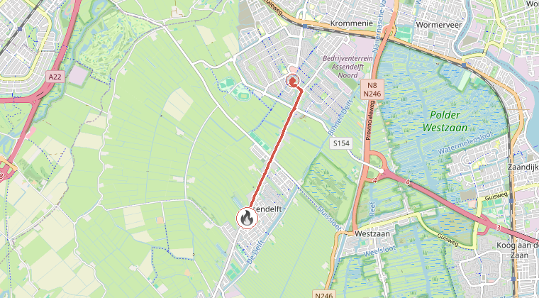 Kaart van de omgeving van de melding, met de kazerne die is gealarmeerd