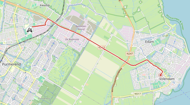 Kaart van de omgeving van de melding, met de kazerne die is gealarmeerd