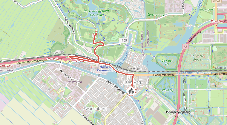 Kaart van de omgeving van de melding, met de kazerne die is gealarmeerd