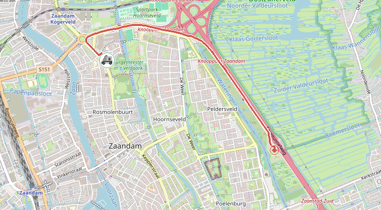 Kaart van de omgeving van de melding, met de kazerne die is gealarmeerd
