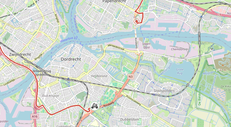 Kaart van de omgeving van de melding, met de kazerne die is gealarmeerd