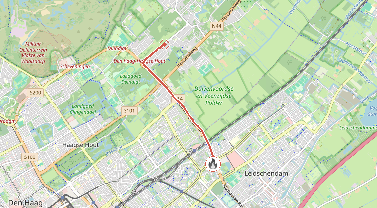 Kaart van de omgeving van de melding, met de kazerne die is gealarmeerd
