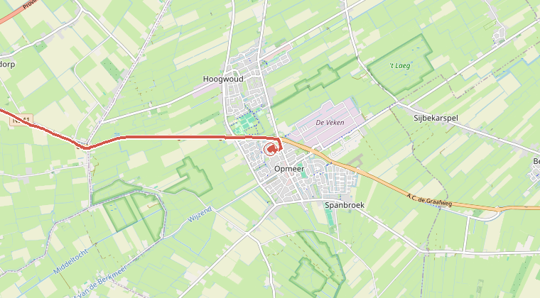 Kaart van de omgeving van de melding, met de kazerne die is gealarmeerd