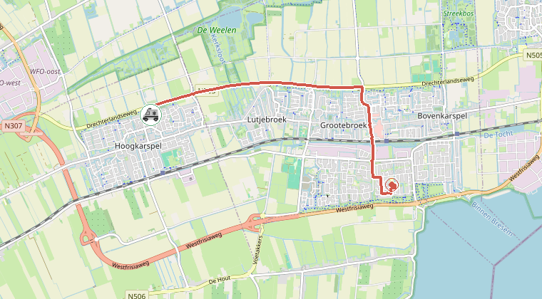 Kaart van de omgeving van de melding, met de kazerne die is gealarmeerd