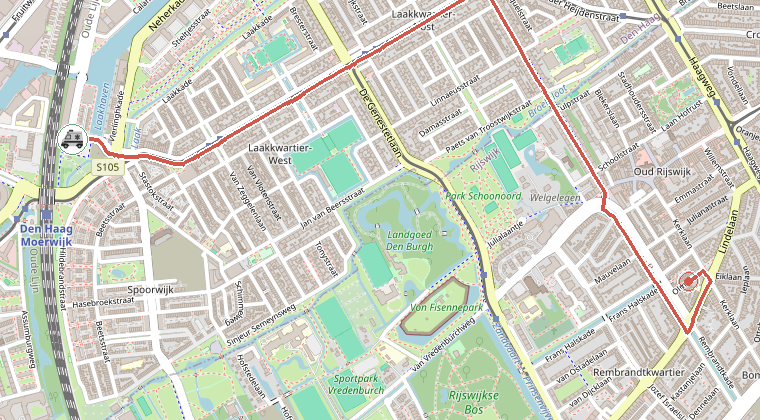 Kaart van de omgeving van de melding, met de kazerne die is gealarmeerd