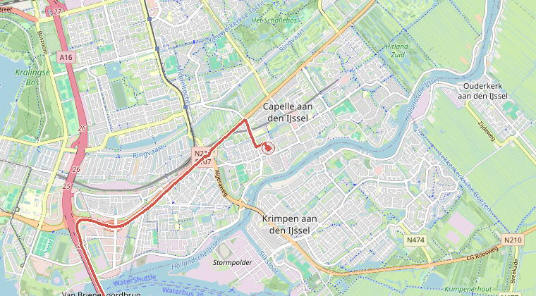 Kaart van de omgeving van de melding, met de kazerne die is gealarmeerd