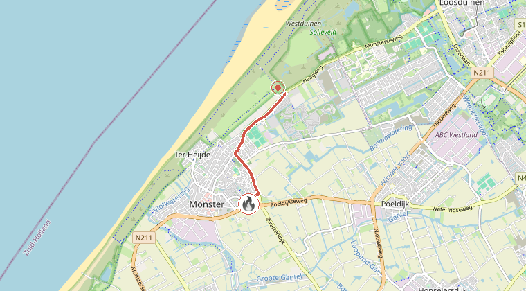 Kaart van de omgeving van de melding, met de kazerne die is gealarmeerd
