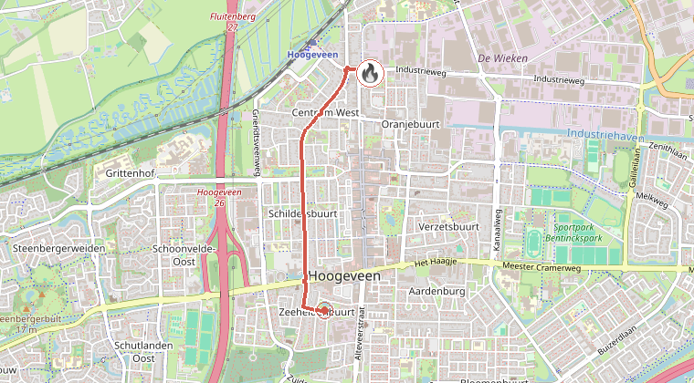 Kaart van de omgeving van de melding, met de kazerne die is gealarmeerd