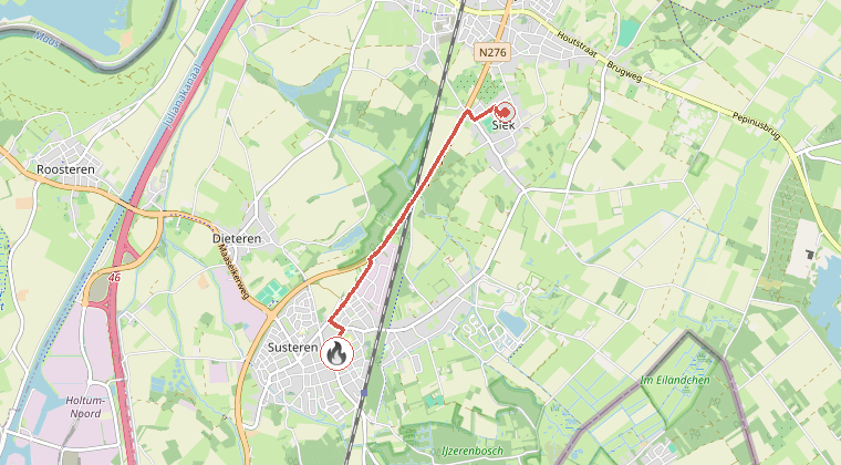 Kaart van de omgeving van de melding, met de kazerne die is gealarmeerd