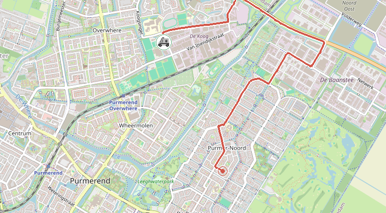Kaart van de omgeving van de melding, met de kazerne die is gealarmeerd