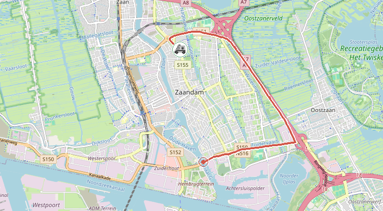 Kaart van de omgeving van de melding, met de kazerne die is gealarmeerd