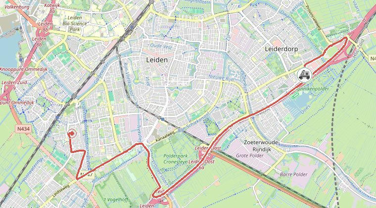 Kaart van de omgeving van de melding, met de kazerne die is gealarmeerd