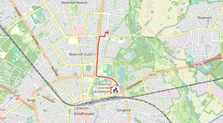 Kaart van de omgeving van de melding, met de kazerne die is gealarmeerd