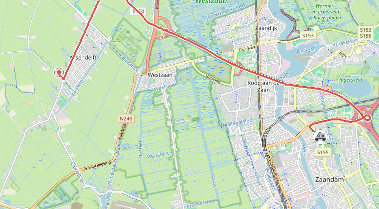 Kaart van de omgeving van de melding, met de kazerne die is gealarmeerd
