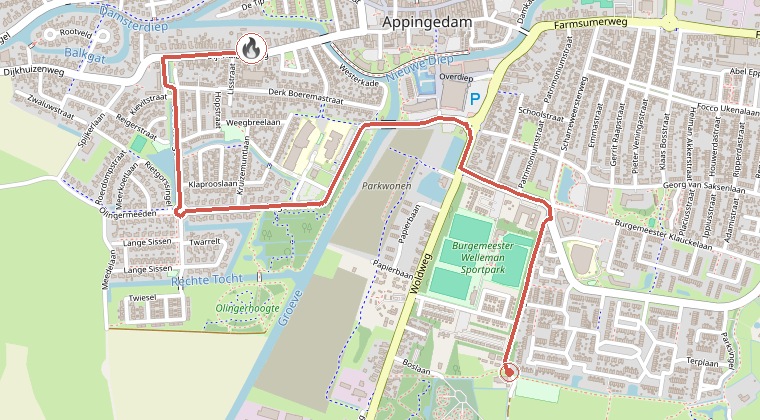 Kaart van de omgeving van de melding, met de kazerne die is gealarmeerd
