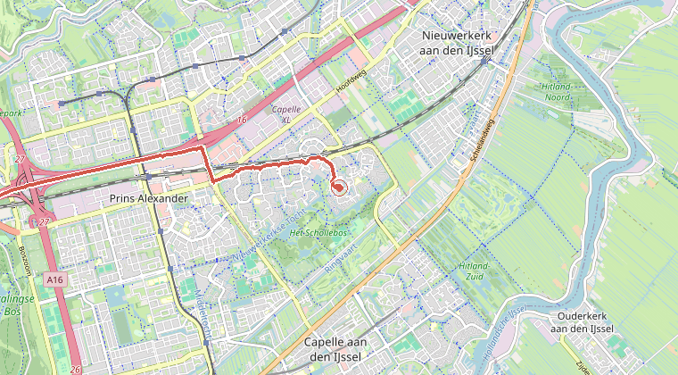 Kaart van de omgeving van de melding, met de kazerne die is gealarmeerd