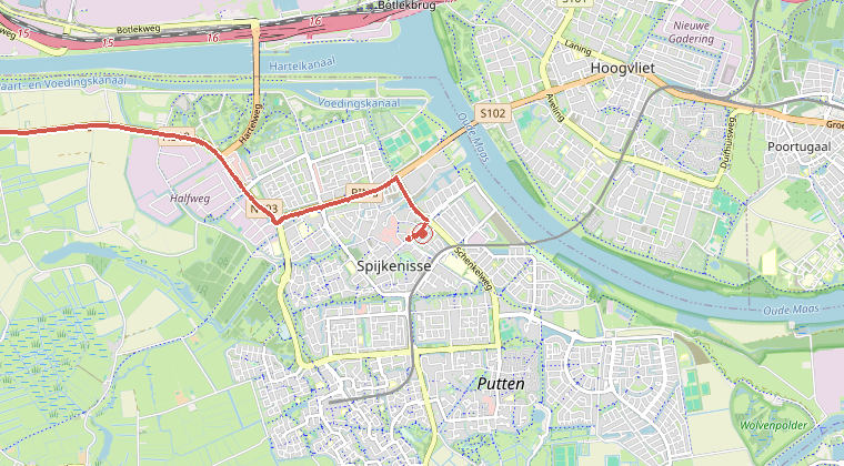Kaart van de omgeving van de melding, met de kazerne die is gealarmeerd