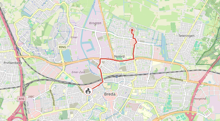 Kaart van de omgeving van de melding, met de kazerne die is gealarmeerd