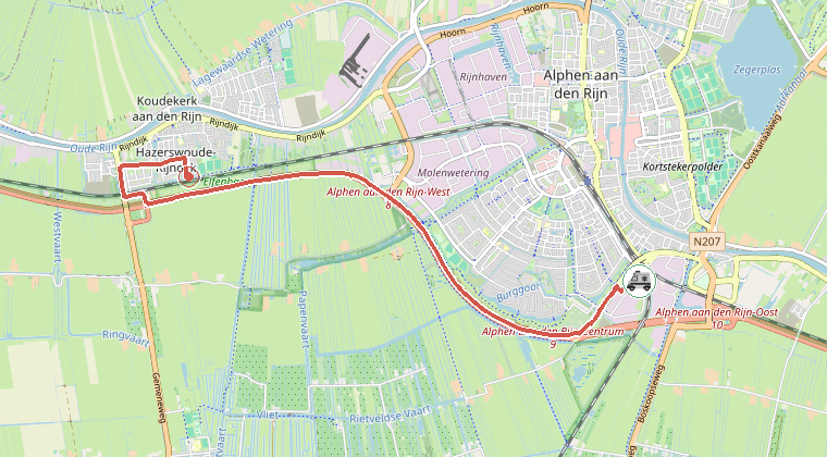Kaart van de omgeving van de melding, met de kazerne die is gealarmeerd