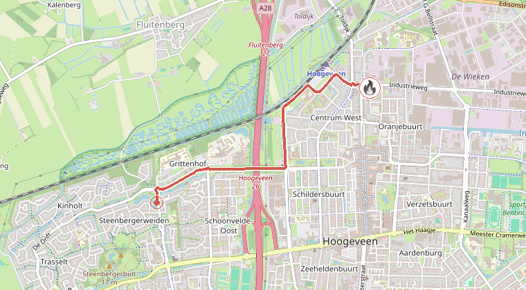 Kaart van de omgeving van de melding, met de kazerne die is gealarmeerd