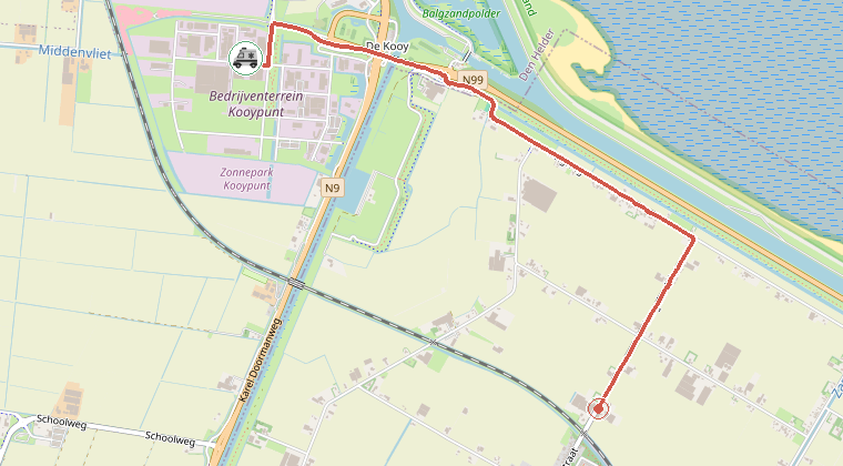 Kaart van de omgeving van de melding, met de kazerne die is gealarmeerd