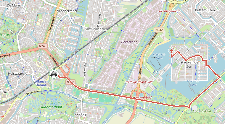 Kaart van de omgeving van de melding, met de kazerne die is gealarmeerd