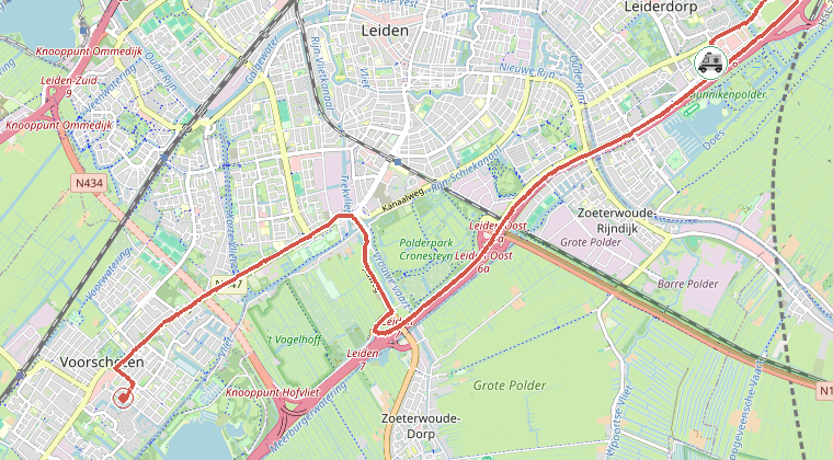 Kaart van de omgeving van de melding, met de kazerne die is gealarmeerd