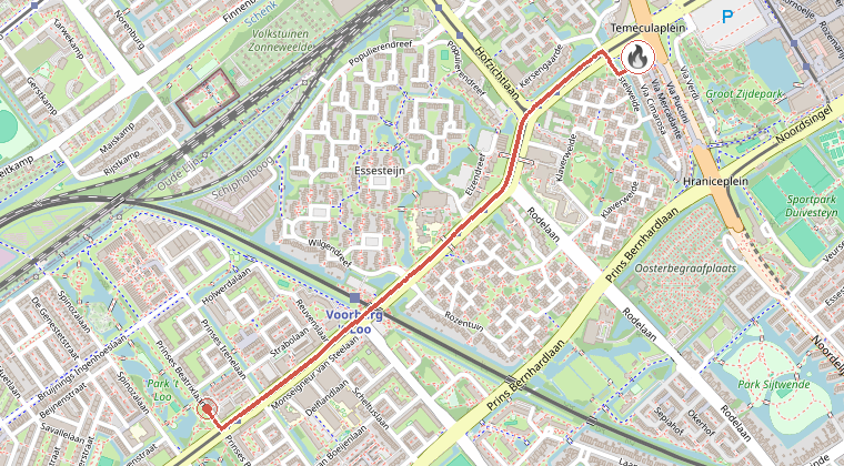 Kaart van de omgeving van de melding, met de kazerne die is gealarmeerd