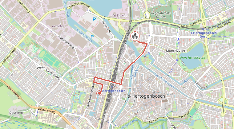Kaart van de omgeving van de melding, met de kazerne die is gealarmeerd