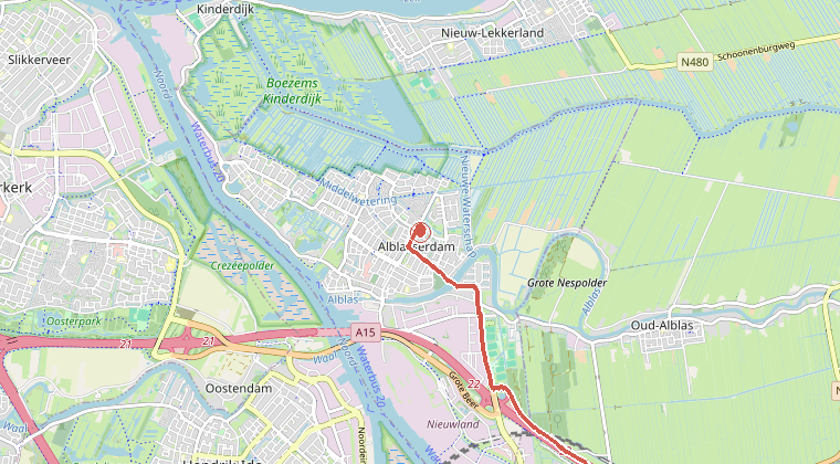 Kaart van de omgeving van de melding, met de kazerne die is gealarmeerd