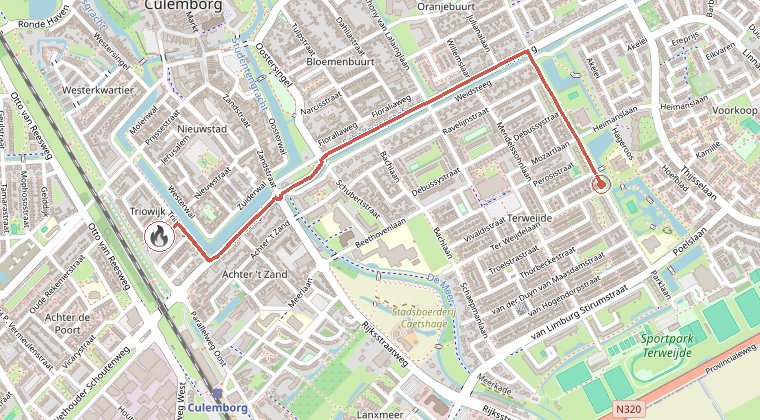 Kaart van de omgeving van de melding, met de kazerne die is gealarmeerd