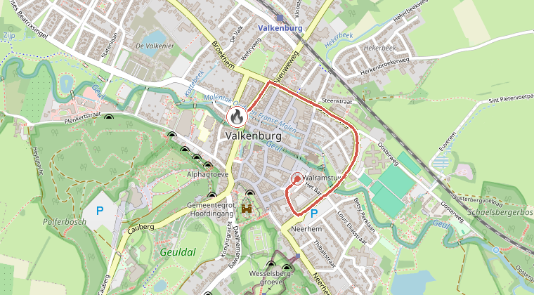 Kaart van de omgeving van de melding, met de kazerne die is gealarmeerd