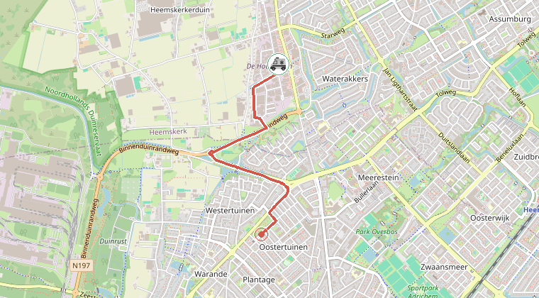 Kaart van de omgeving van de melding, met de kazerne die is gealarmeerd