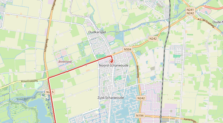 Kaart van de omgeving van de melding, met de kazerne die is gealarmeerd