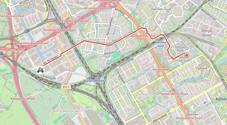 Kaart van de omgeving van de melding, met de kazerne die is gealarmeerd