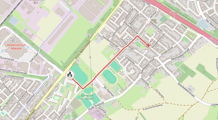 Kaart van de omgeving van de melding, met de kazerne die is gealarmeerd