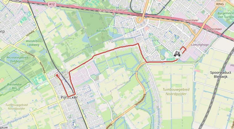 Kaart van de omgeving van de melding, met de kazerne die is gealarmeerd