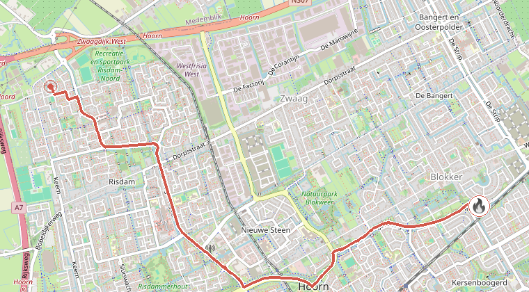 Kaart van de omgeving van de melding, met de kazerne die is gealarmeerd
