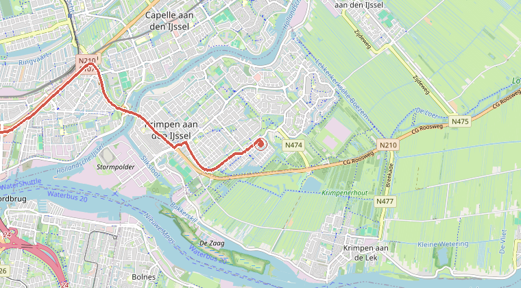 Kaart van de omgeving van de melding, met de kazerne die is gealarmeerd