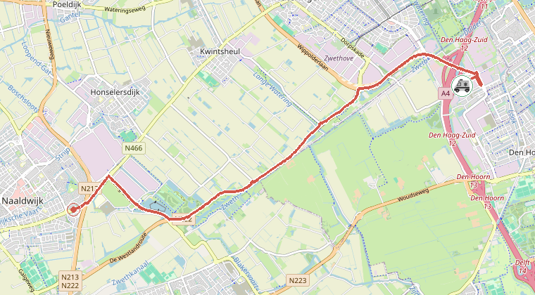 Kaart van de omgeving van de melding, met de kazerne die is gealarmeerd
