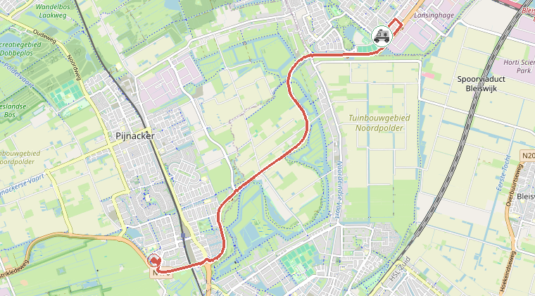 Kaart van de omgeving van de melding, met de kazerne die is gealarmeerd
