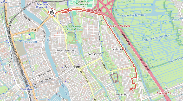 Kaart van de omgeving van de melding, met de kazerne die is gealarmeerd