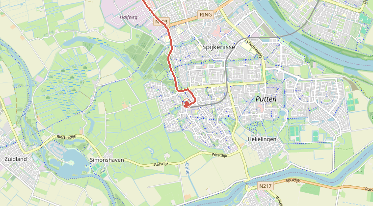 Kaart van de omgeving van de melding, met de kazerne die is gealarmeerd