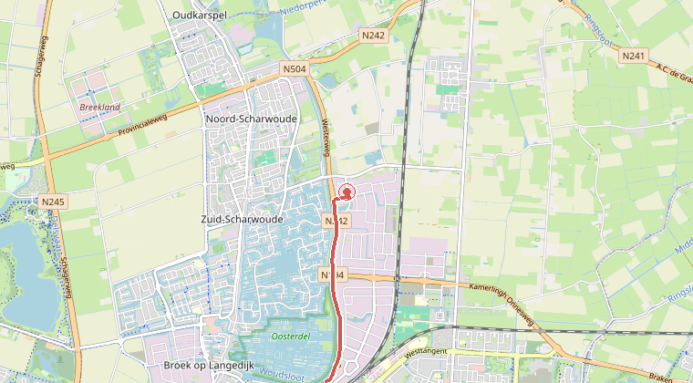 Kaart van de omgeving van de melding, met de kazerne die is gealarmeerd