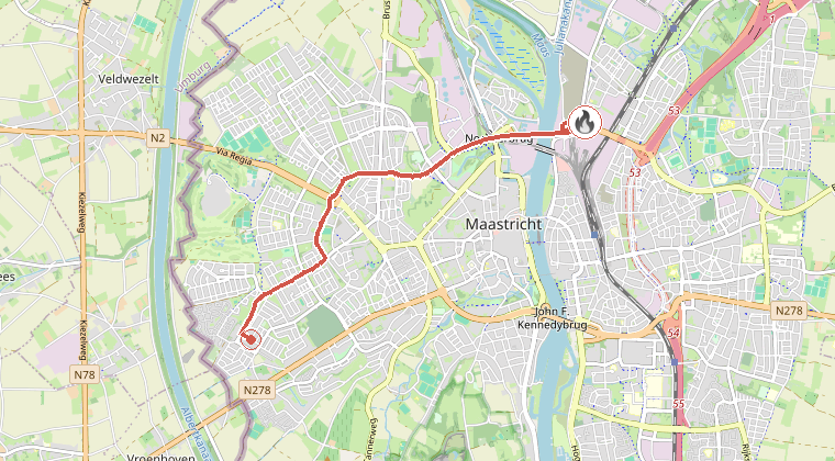 Kaart van de omgeving van de melding, met de kazerne die is gealarmeerd
